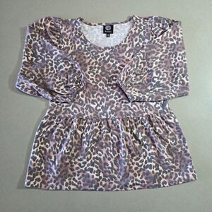 Bobeau Women Leopard Print Puff Sleeve Peplum Top Brown Animal‎ Print Size M